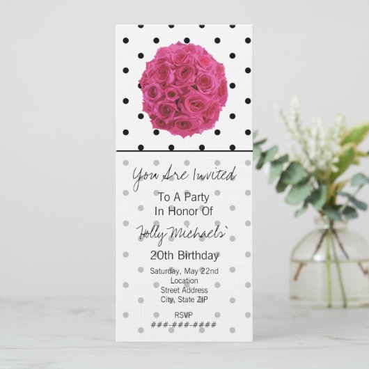 小さな黒い水玉模様/バラパーティの招待状 招待状 (スタンド正面)