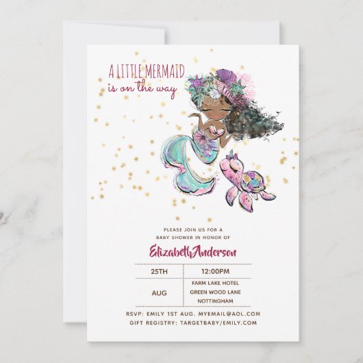 小さな黒の人魚の女の子海の下で赤ちゃんシャワー 招待状 (正面)