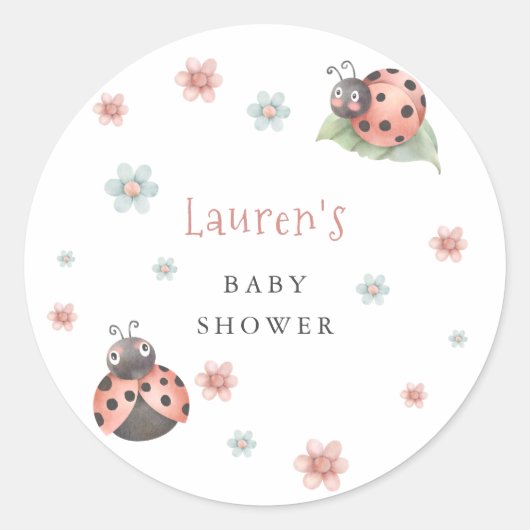 小さなLadybug虫の女の子赤ちゃんシャワー ラウンドシール (正面)