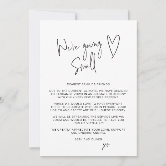 小さめの結婚式に変更 縮小版のウェディングスクリプトフォント 案内状 (正面)