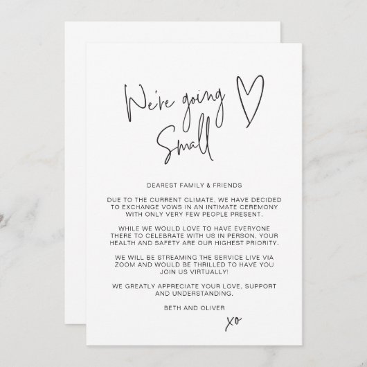 小さめの結婚式に変更 縮小版のウェディングスクリプトフォント 案内状 (正面/裏面)
