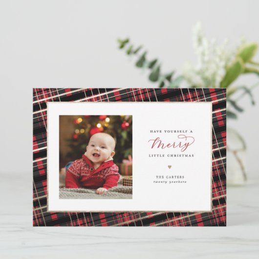 小さメリーいクリスマスカード赤い格子フェイク箔 シーズンカード (スタンド正面)