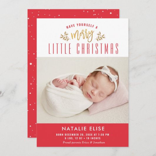 小さメリーなクリスマス |写真の誕生のお知らせ シーズンカード (正面/裏面)