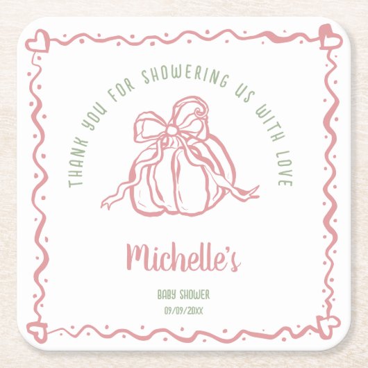 小さユニークなパンプキンありがとう赤ちゃんシャワー スクエアペーパーコースター (正面)