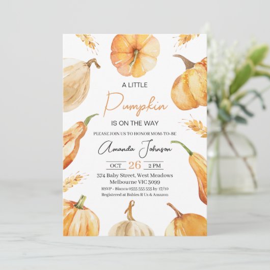 小さ素朴な男女兼用かぼちゃの赤ちゃんシャワー 招待状 (スタンド正面)
