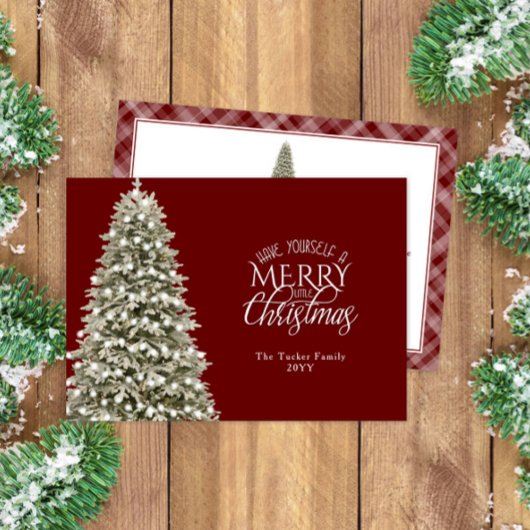 小エレガントメリーさなクリスマスツリーは暗い赤をplaid シーズンカード