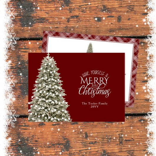 小エレガントメリーさなクリスマスツリーは暗い赤をplaid シーズンカード