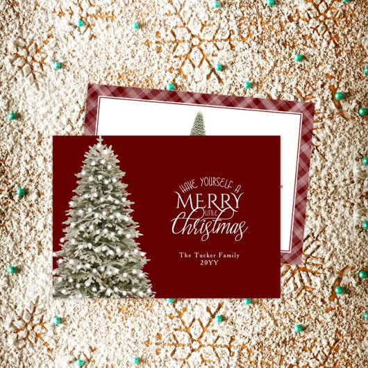 小エレガントメリーさなクリスマスツリーは暗い赤をplaid シーズンカード