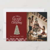 小エレガントメリーさなクリスマスツリーは暗い赤をplaid シーズンカード (正面)