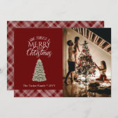 小エレガントメリーさなクリスマスツリーは暗い赤をplaid シーズンカード (正面/裏面)