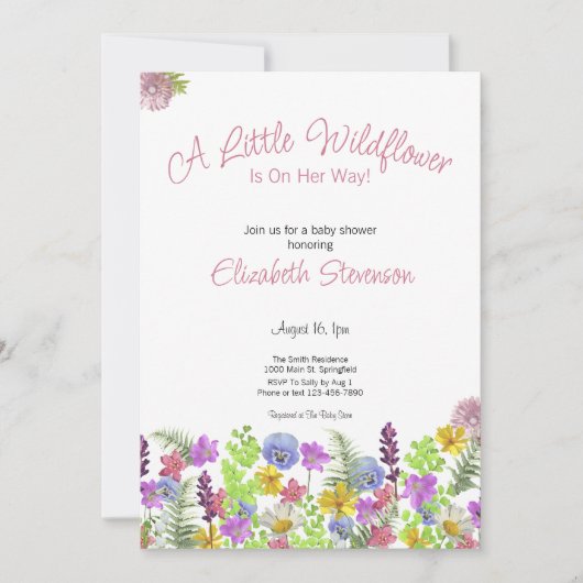 小カラフルさな野花少女の赤ちゃんシャワー 招待状 (正面)