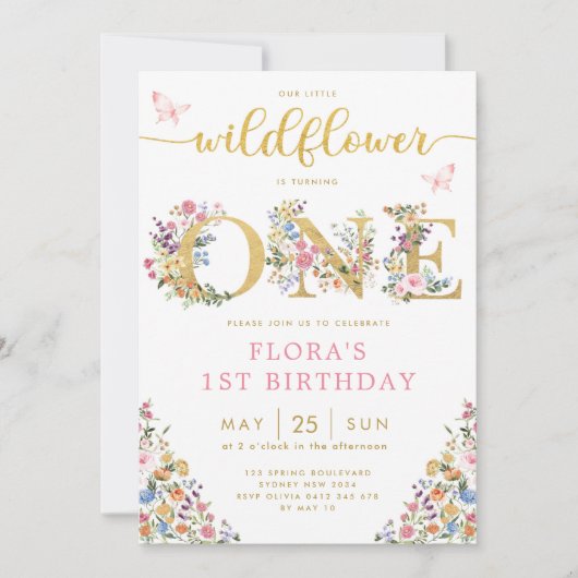 小スタイリッシュさな野草園少女1歳の誕生日 招待状 (正面)