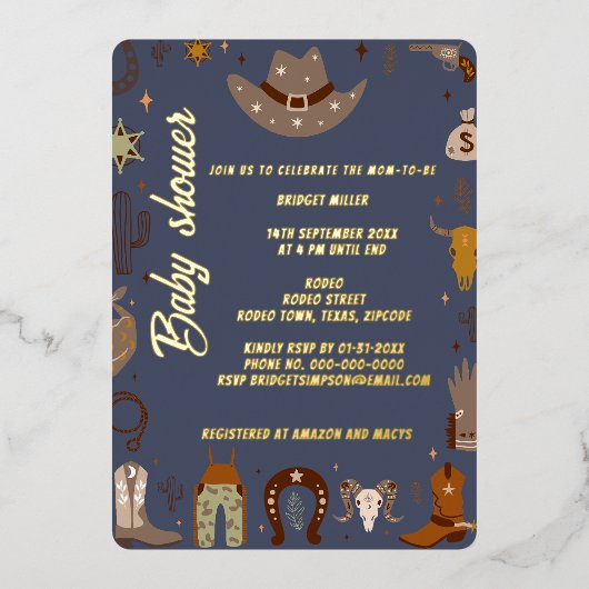 小テキサス州カウボーイの赤ちゃんシャワー 箔招待状 (正面)