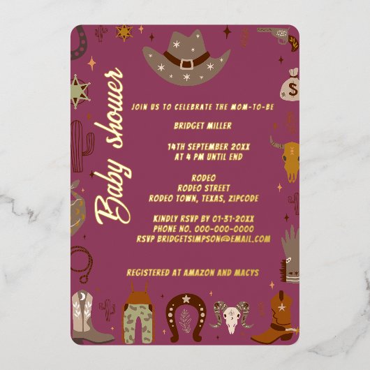 小テキサス州女性のカーボーイのベビースシャワー 箔招待状 (正面)