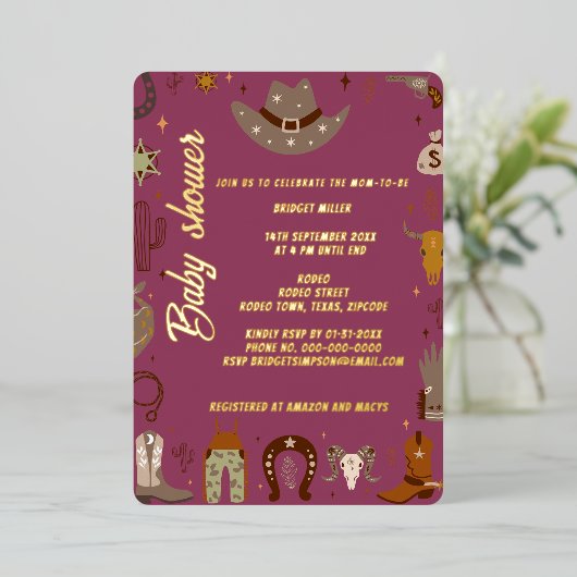 小テキサス州女性のカーボーイのベビースシャワー 箔招待状 (立ち正面)