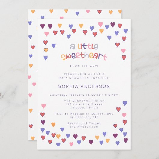 小ハートかわいい小さな恋人の赤ちゃんシャワー 招待状 (正面/裏面)