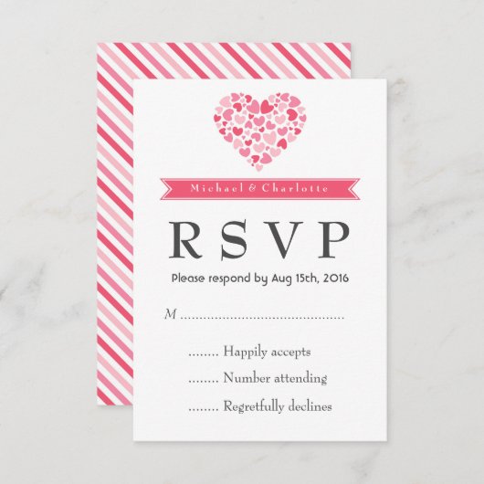 小ハートピンクと白の結婚式RSVPカード 出欠カード (正面/裏面)