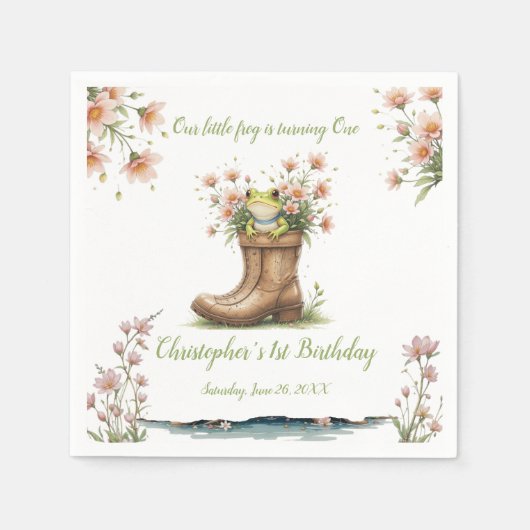 小パーソナライズされたさなフロギー1歳の誕生日パーティー スタンダードカクテルナプキン (正面)