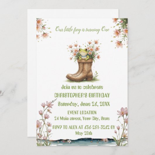 小パーソナライズされたカエル1歳の誕生日パーティー 招待状 (正面/裏面)