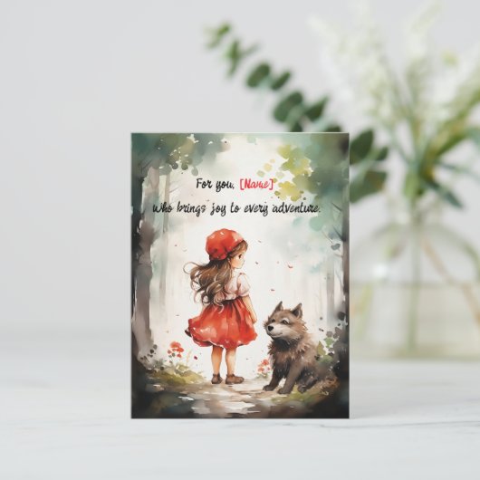 小パーソナライズされた赤乗馬フードかわいい ポストカード (スタンド正面)