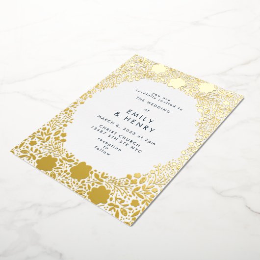 小フローラ押し金ゴールド結婚の 箔招待状 (回転した状態)