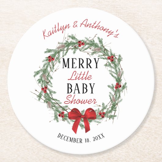 小メリーさなクリスマスの赤ちゃんシャワー ラウンドペーパーコースター (正面)