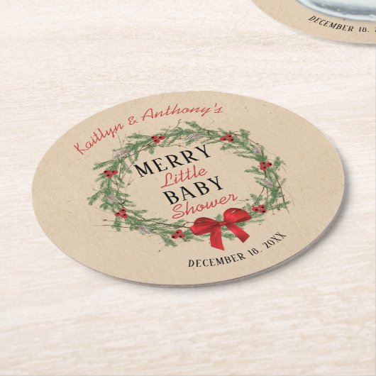 小メリーさなクリスマスの赤ちゃんシャワー ラウンドペーパーコースター (アングル)