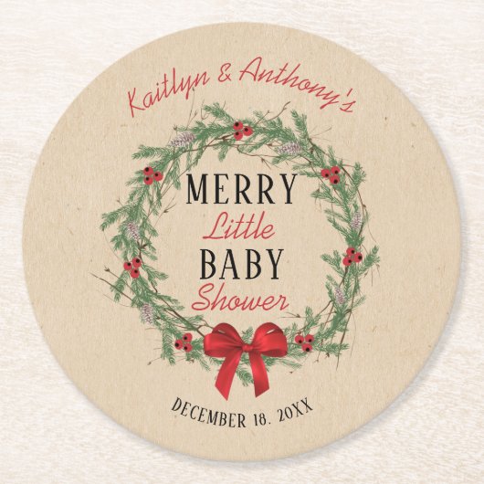 小メリーさなクリスマスの赤ちゃんシャワー ラウンドペーパーコースター (正面)