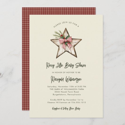 小メリーさなクリスマス素朴の赤ちゃんシャワー 招待状 (正面/裏面)