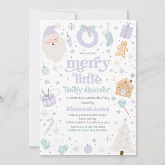 小メリーさなクリスマス赤ちゃんシャワーパープル&シルバー 招待状 (正面)