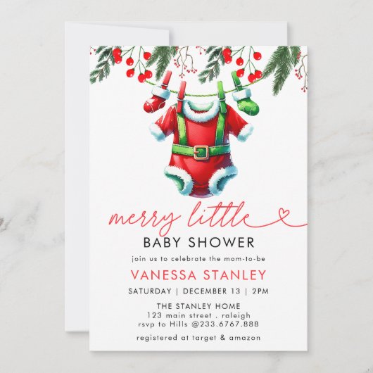 小メリー冬クリスマスサンタ赤ちゃんシャワー 招待状 (正面)