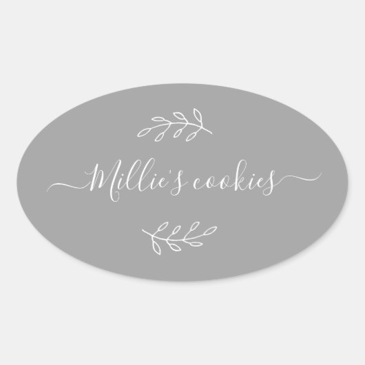 小モダンさなビジネススクリプト名グレーラベル 楕円形シール (正面)