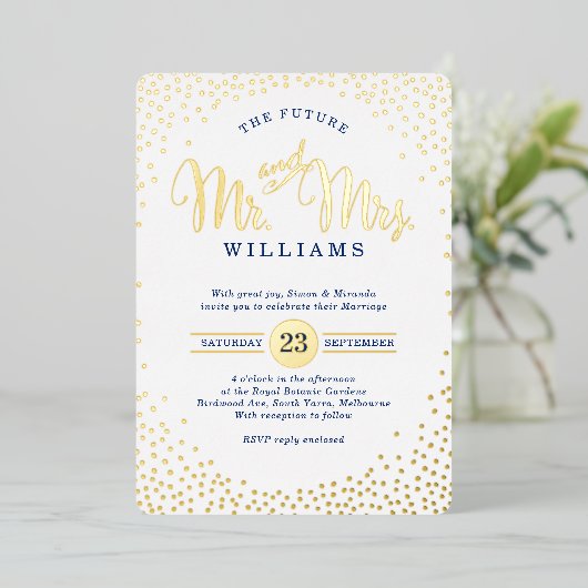 小モダンスタイリッシュ結婚紙吹雪金ゴールド海軍 箔招待状 (立ち正面)