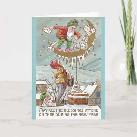 小人と袋入り金ゴールドヴィンテージ新年 シーズンカード (正面)