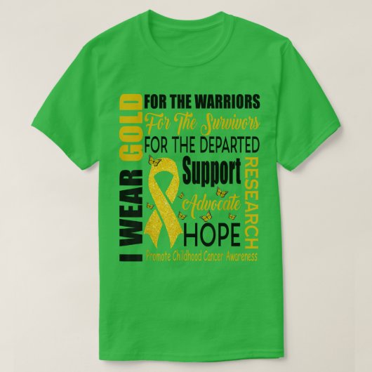 小児がん認識度、子どもの金ゴールド色 Tシャツ (デザイン正面)