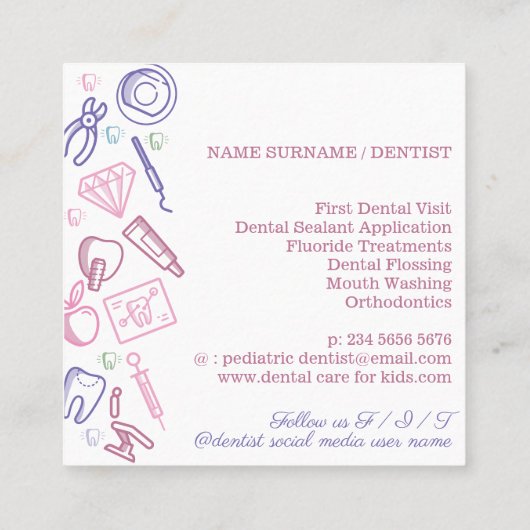 小児用歯科デンタルケア子供 スクエア名刺 (裏面)