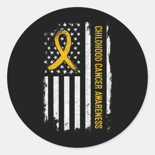 小児癌認識度米国国旗 – 金ゴールド里 ラウンドシール (正面)