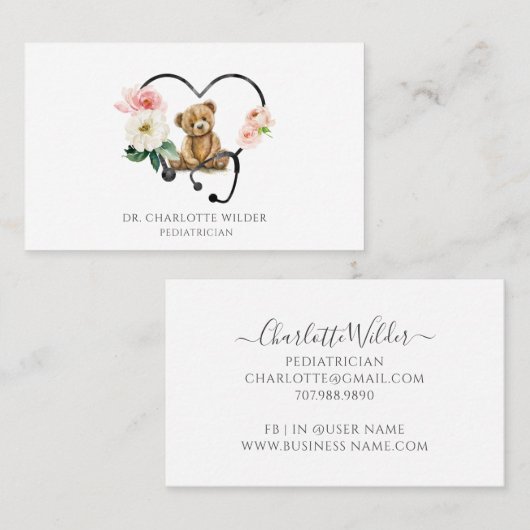 小児科医テディベアフローラ聴診器 名刺 (正面/裏面)
