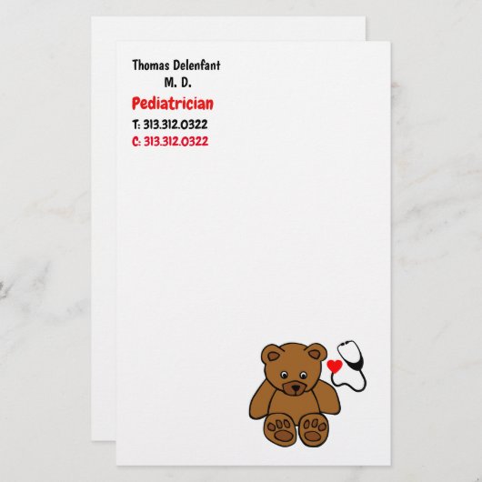 小児科医 – テディおよびハート聴診器 便箋 (正面/裏面)