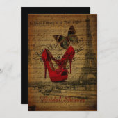 小剣のエッフェル塔のパリの赤いブライダルシャワー 招待状 (正面/裏面)