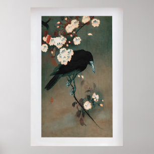 小原古邨作「カラスと花」ヴィンテージ日本 ポスター