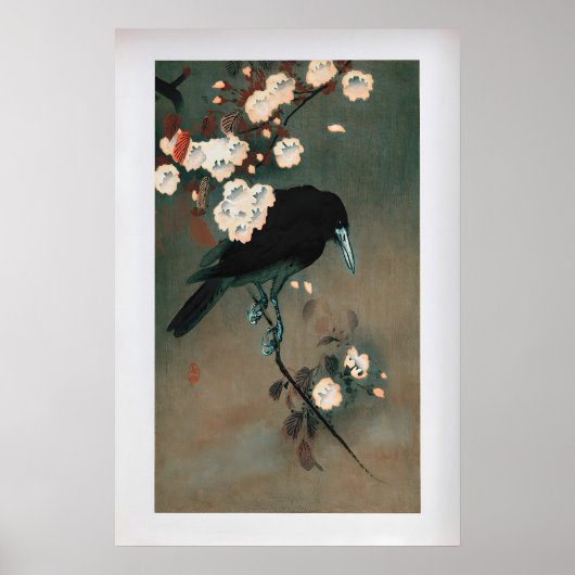 小原古邨作「カラスと花」ヴィンテージ日本 ポスター (正面)