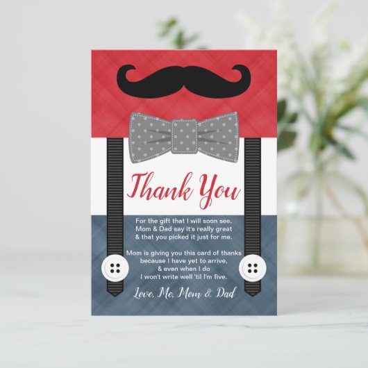 小口ひげの赤いネイビーボーイシャワー サンキューカード (スタンド正面)
