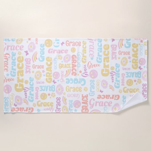 小名門私立校風の形虹花蝶名前をカスタムする ビーチタオル (正面)