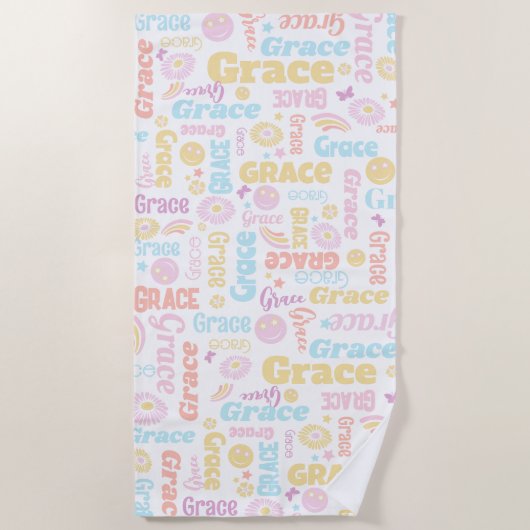 小名門私立校風の形虹花蝶名前をカスタムする ビーチタオル (正面)