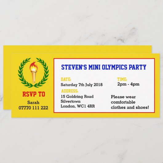 小型オリンピックのパーティの招待状 メニュー (正面/裏面)