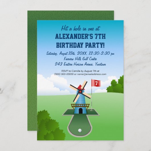 小型ゴルフ風車のパーティの招待状 招待状 (正面/裏面)