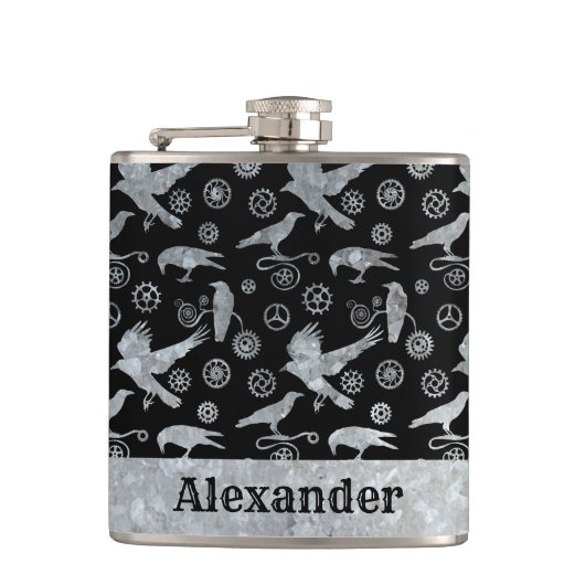 小型スチームパンクシルバー亜鉛ギアとカラスカスタム フラスク (正面)