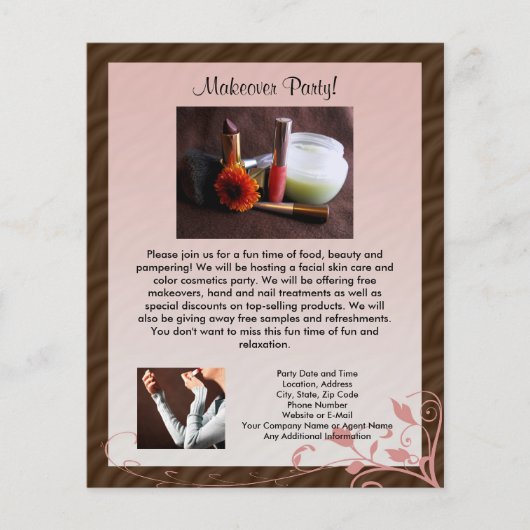 小型ピンクスワール化粧品パーティーフライヤー チラシ (正面)