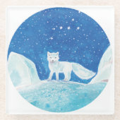 小型北極キツネ（フクレンソウ）イラストレーション ガラスコースター (正面)